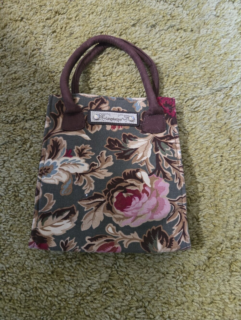 Longaberger Pink Floral & Brown Handle Tote
